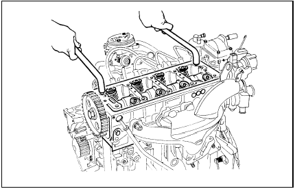 11.21 Using two angled metal rods to free the cylinder head from the block